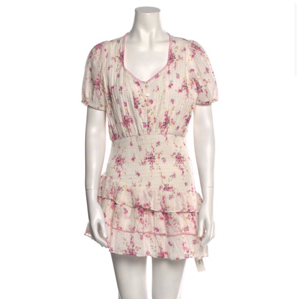 Pink and Cream Ruffled Tiered Sundress with Puff Sleeves. LoveShack Fancy